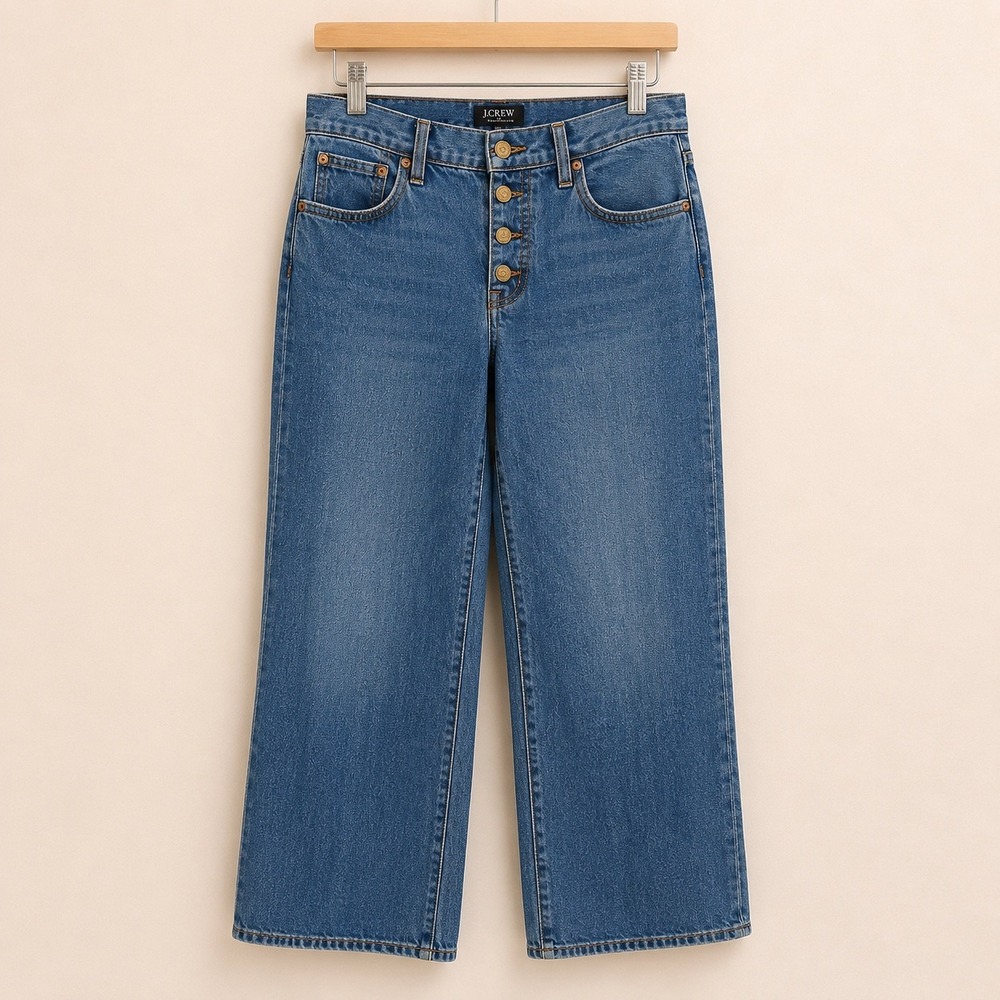 J.Crew Full Length Wide-Leg Jeans Button Fly Blue Denim 27P Petite Womens